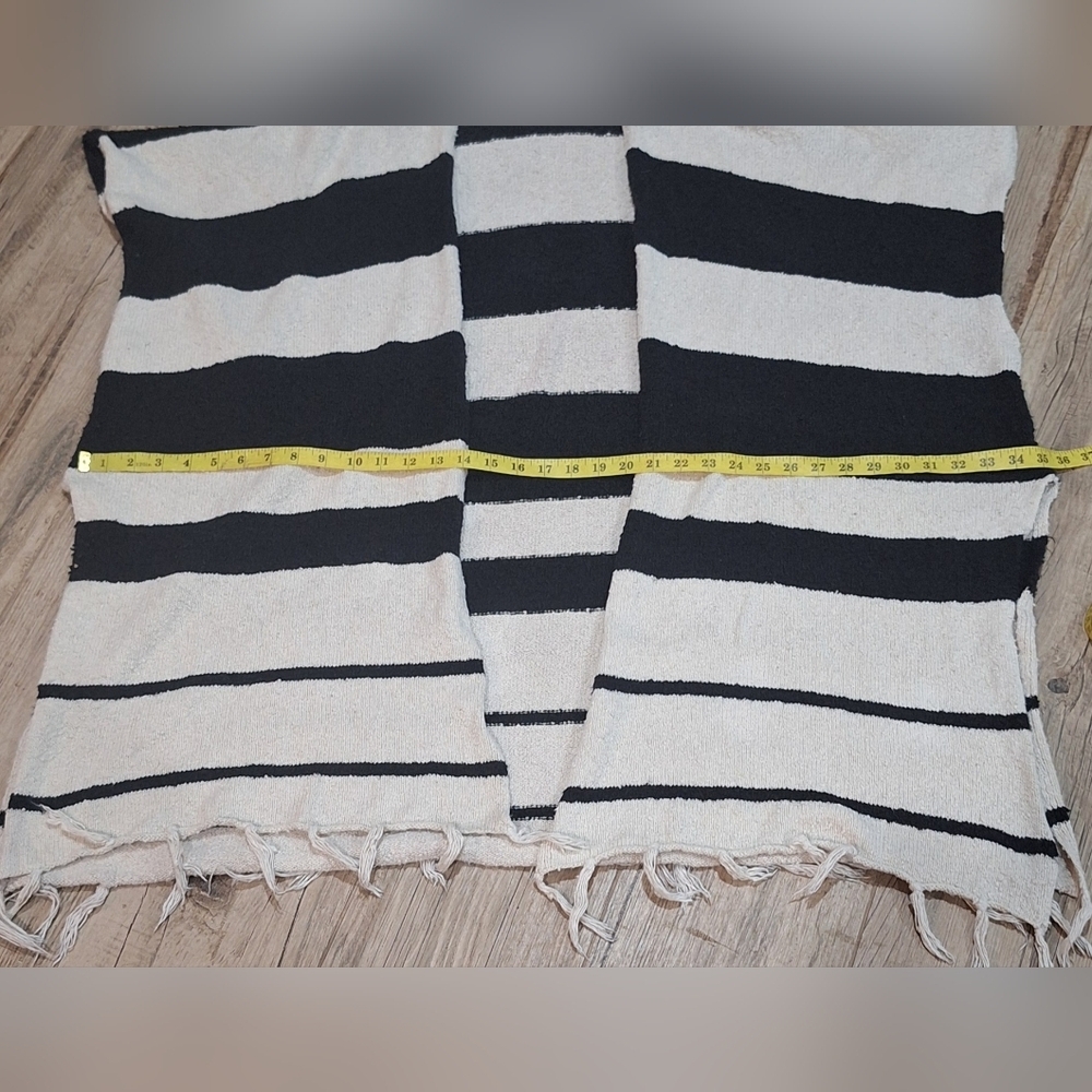 By Together Black & Cream Striped Nubby Fringed Poncho Sz.M/ L #1550 - Picture 8 of 8